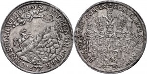 Lotto 365 della 174a asta. Schwarzburg-Sondershausen, tallero doppio (51,09 g), 1677, Christian Wilhelm I. e Anton Günther II, stima 5.000/sovrapprezzo 35.000.